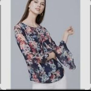 White House Black Market Navy Floral Blouse, Size 10